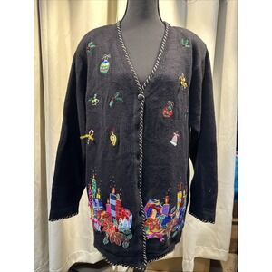 Quacker‎ Factory Women Size Med Christmas Sweater Button Up Cardigan Retro